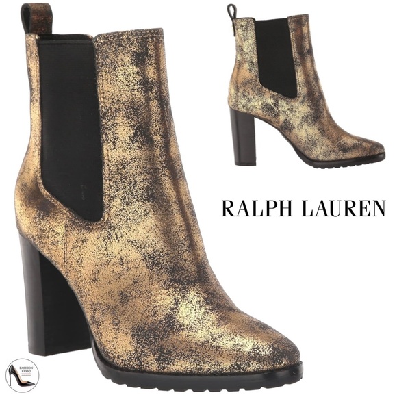 Ralph Lauren Mylah Bootie Gold Black Suede Leather Pull-On Chelsea Heeled Boots - Picture 1 of 13
